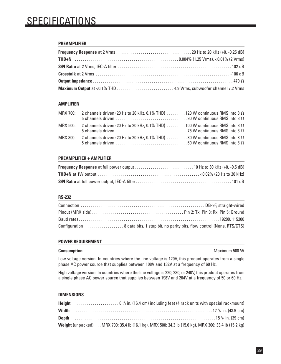 Specifications | Anthem MRX 700 User Manual | Page 47 / 52