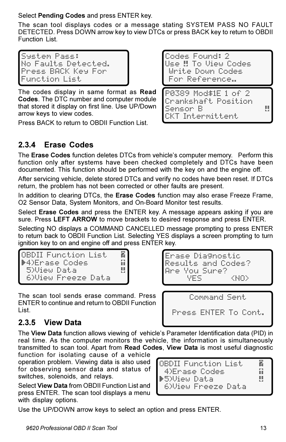 4 erase codes, 5 view data | Actron KAL9620A User Manual | Page 13 / 36