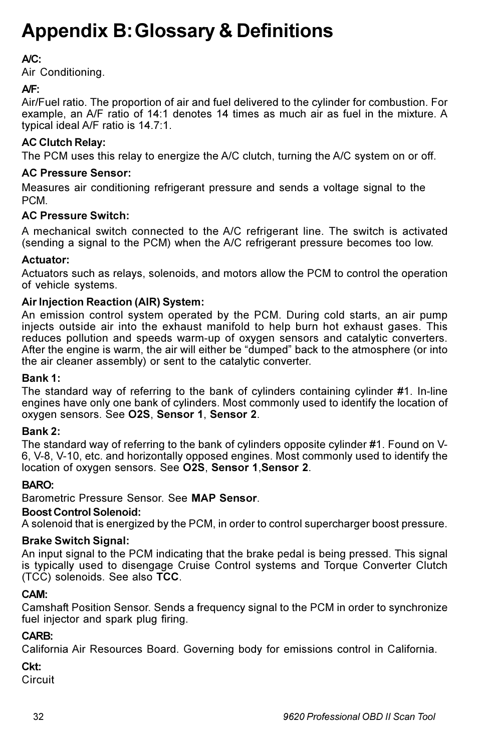 Appendix b:glossary & definitions | Actron KAL9620A User Manual | Page 32 / 36