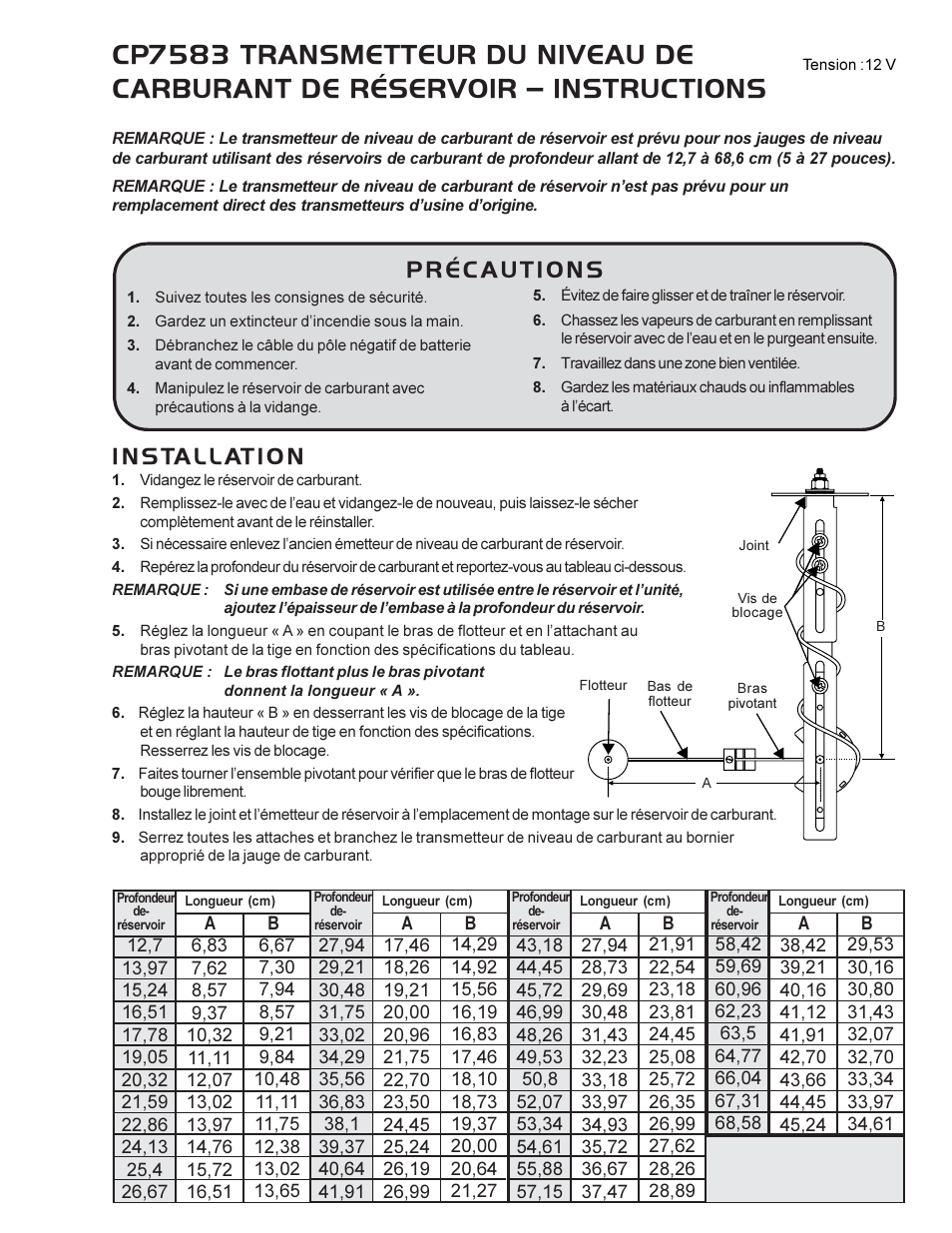 Installation, Précautions | Actron CP7591 User Manual | Page 3 / 4