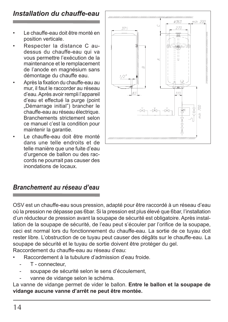 Installation du chauffe-eau, Branchement au réseau d’eau | KOSPEL OSV Slim User Manual | Page 14 / 28