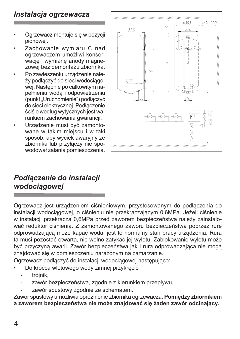 Instalacja ogrzewacza, Podłączenie do instalacji wodociągowej | KOSPEL OSV Slim User Manual | Page 4 / 28