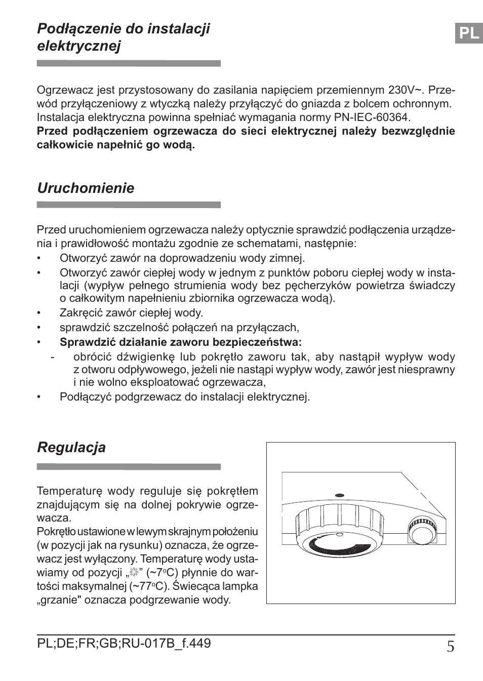 Podłączenie do instalacji elektrycznej, Uruchomienie, Regulacja | KOSPEL OSV Slim User Manual | Page 5 / 28