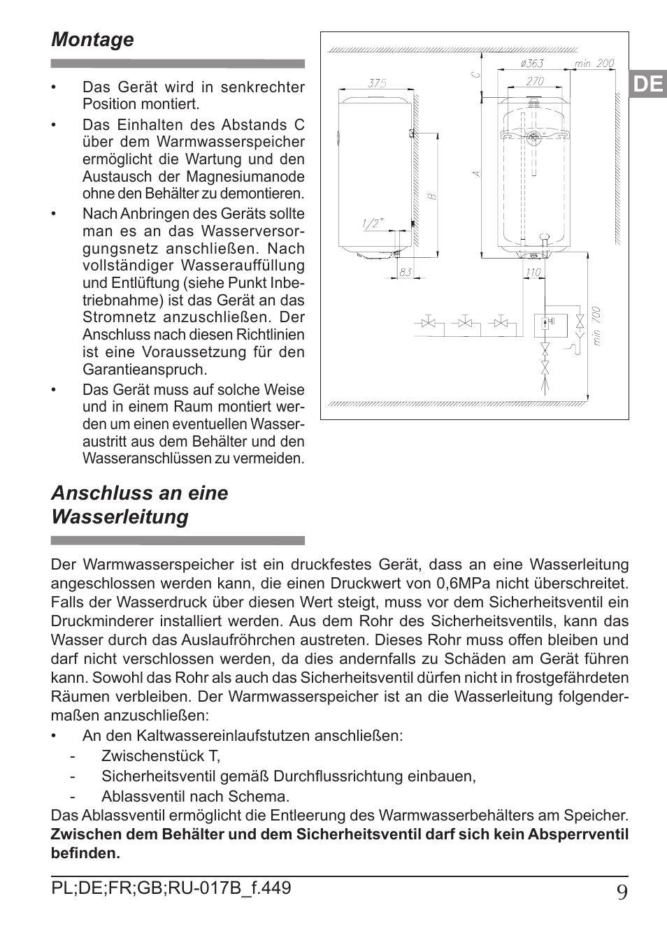 Montage, Anschluss an eine wasserleitung | KOSPEL OSV Slim User Manual | Page 9 / 28