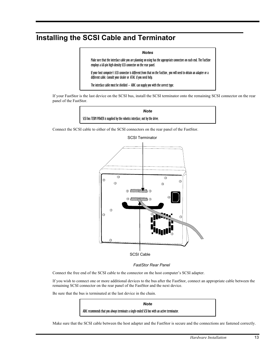 Installing the scsi cable and terminator | ADIC FastStor Mass Storage Device User Manual | Page 29 / 68