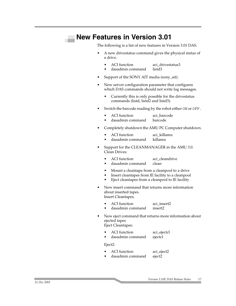 New features in version 3.01 | ADIC DAS V3.10E User Manual | Page 17 / 28