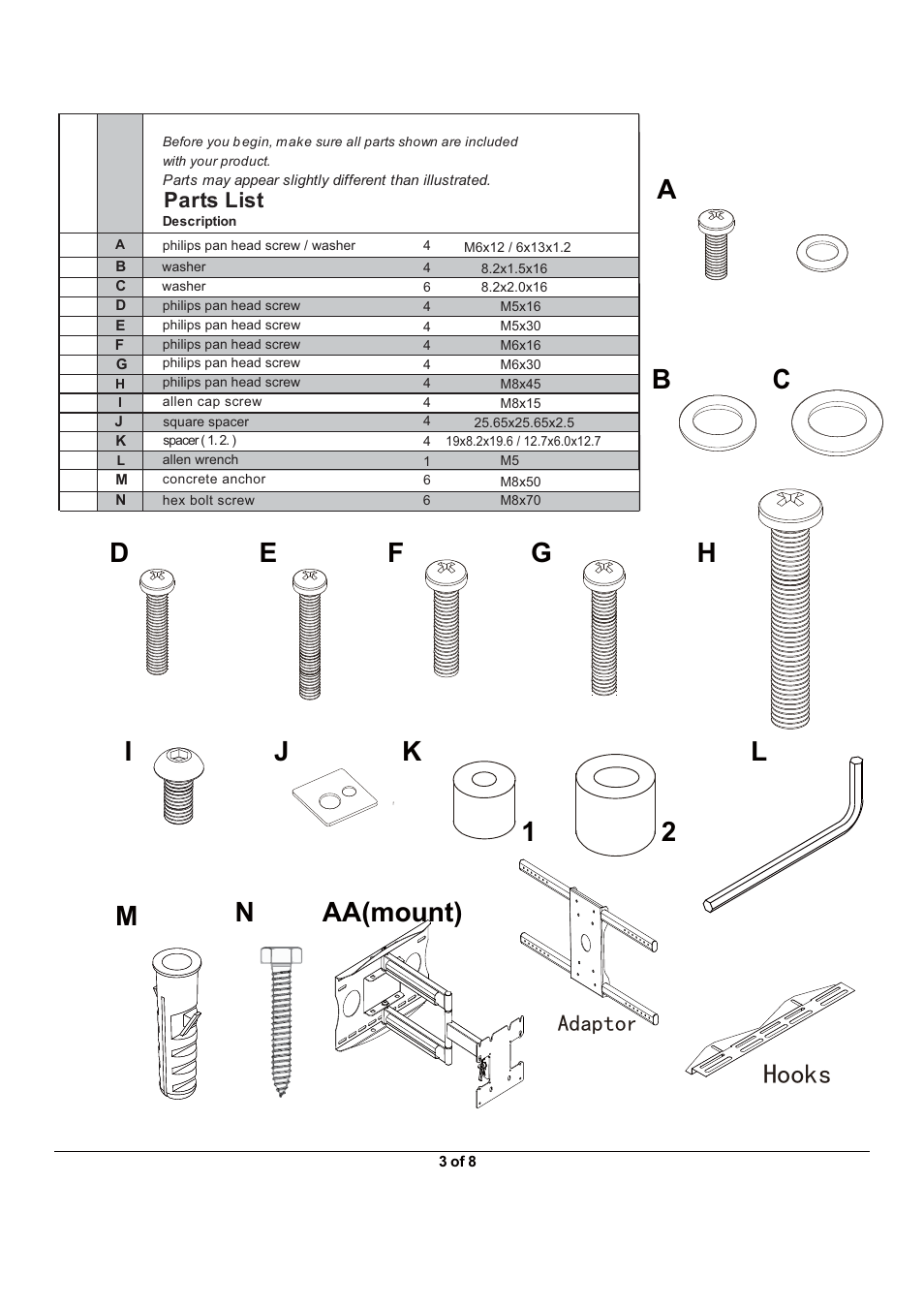 Rrnv, Gdswru, Parts list | Monoprice 5919 Wall Mount Bracket User Manual | Page 3 / 8