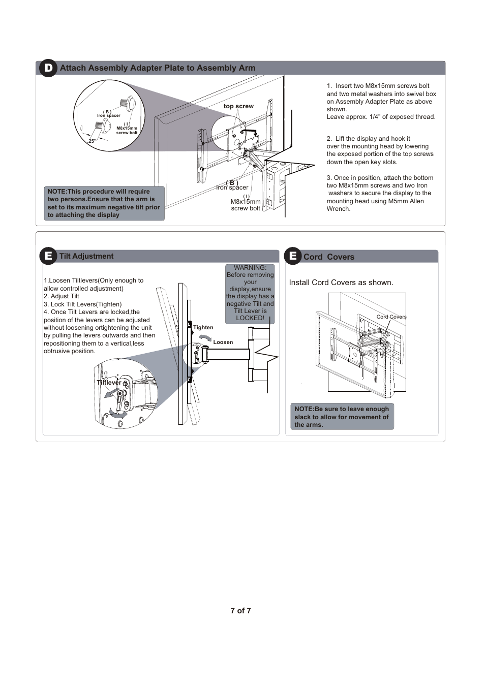 De e, Attach assembly adapter plate to assembly arm, Cord covers | Monoprice 6519 MHAI-700 User Manual | Page 7 / 7
