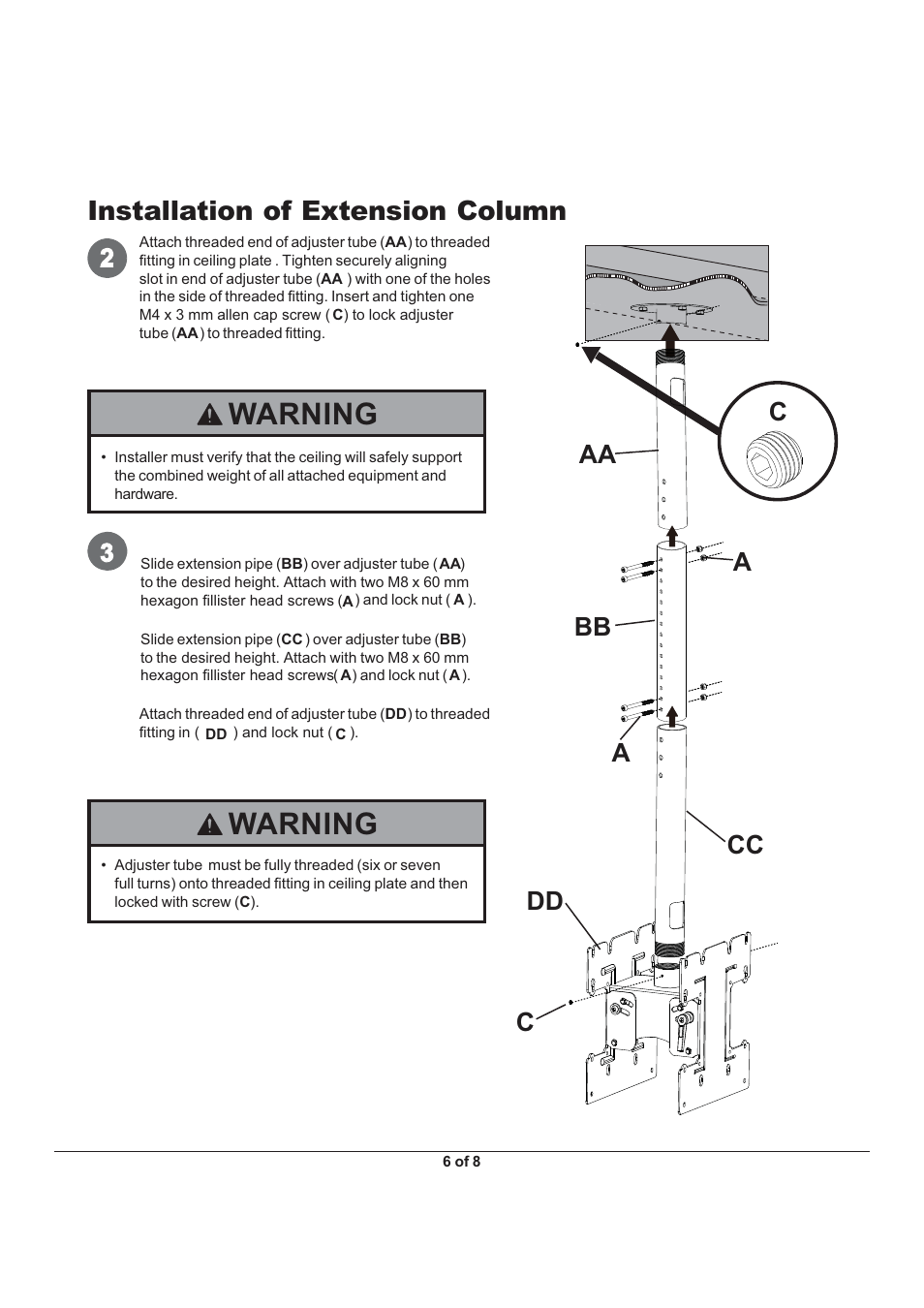 Warning, Installation of extension column, Aa c cc dd c a bb a | Monoprice 6531 MHP-52 User Manual | Page 6 / 8