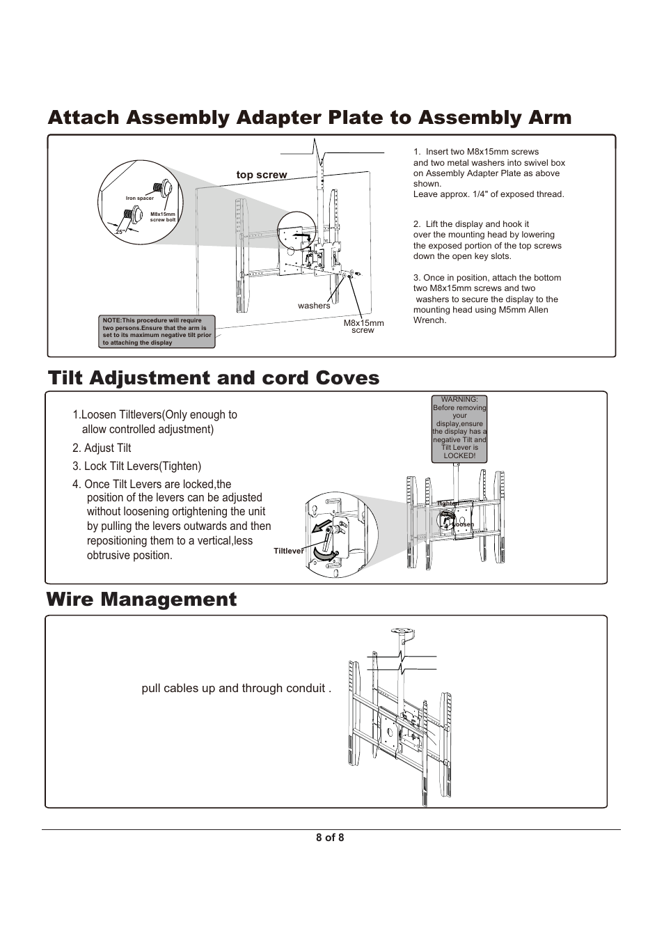 Attach assembly adapter plate to assembly arm, Wire management tilt adjustment and cord coves | Monoprice 6531 MHP-52 User Manual | Page 8 / 8