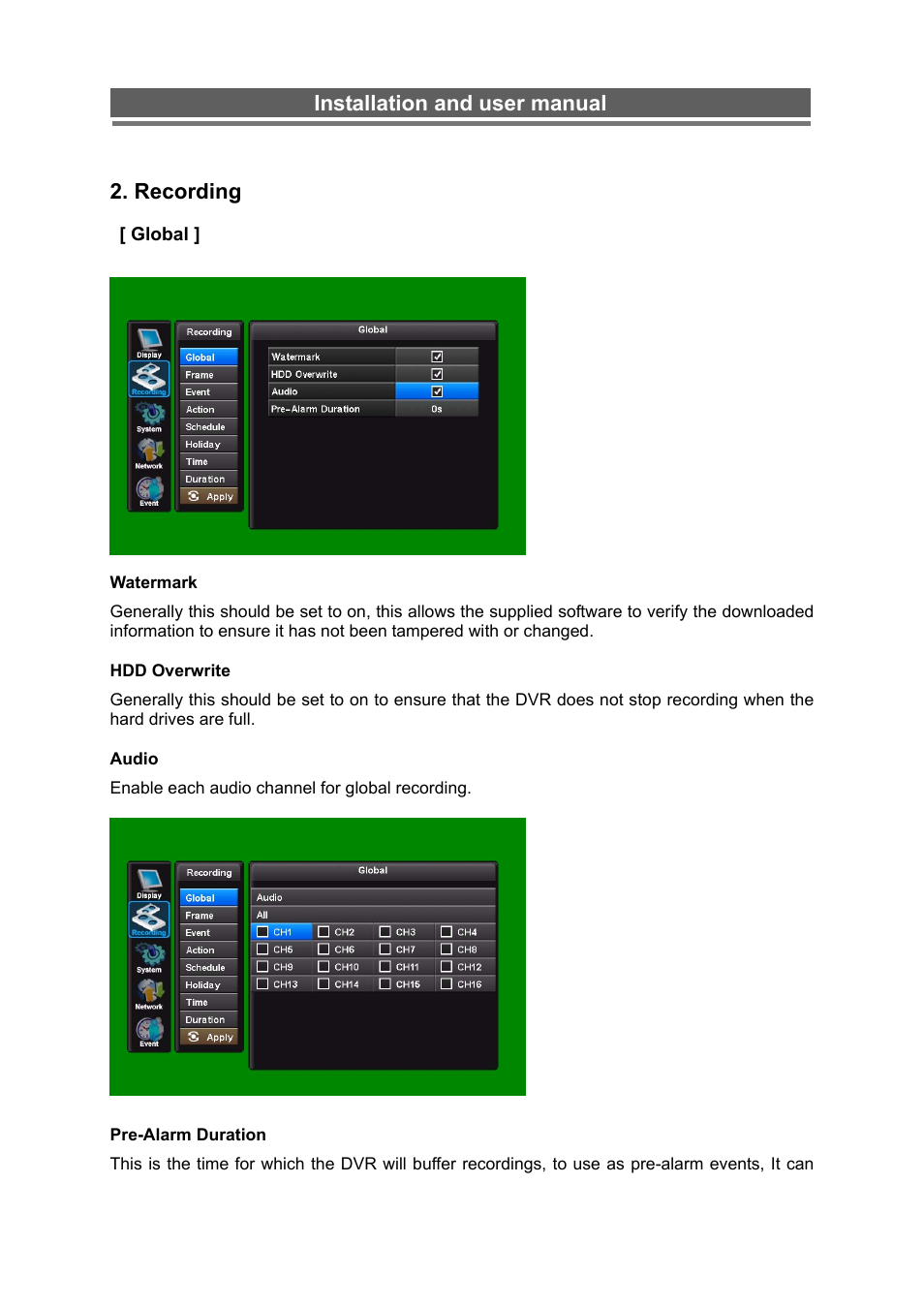 Installation and user manual 2. recording | Monoprice 6660 8-channel Security DVR User Manual | Page 26 / 100