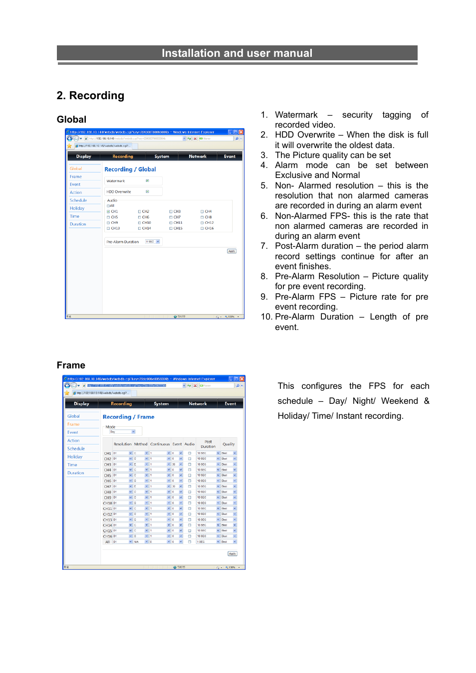 Installation and user manual, Recording | Monoprice 6660 8-channel Security DVR User Manual | Page 75 / 100