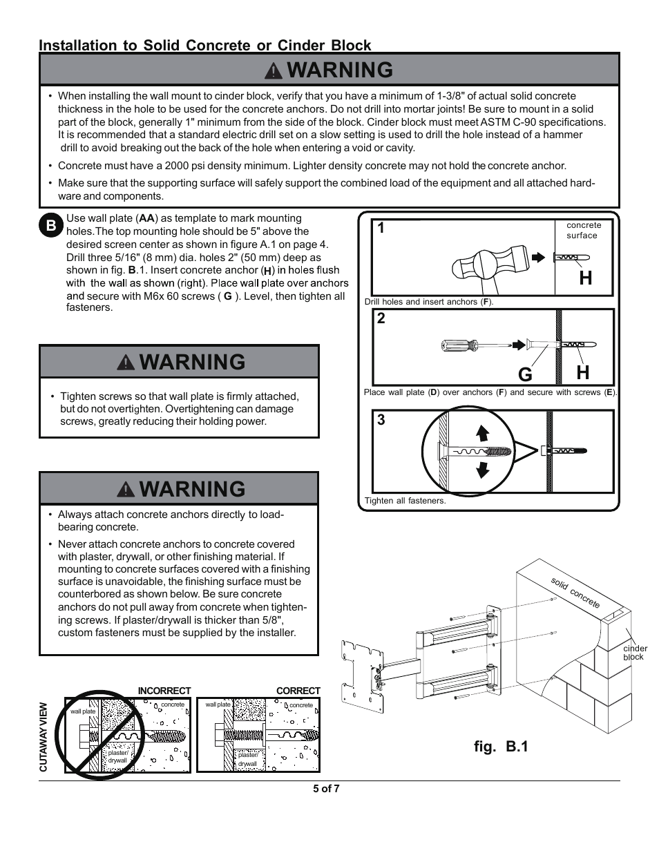 Mua46 5.pdf, Warning, Installation to solid concrete or cinder block | Fig. b.1 | Monoprice 7845 MUA-46 User Manual | Page 5 / 7