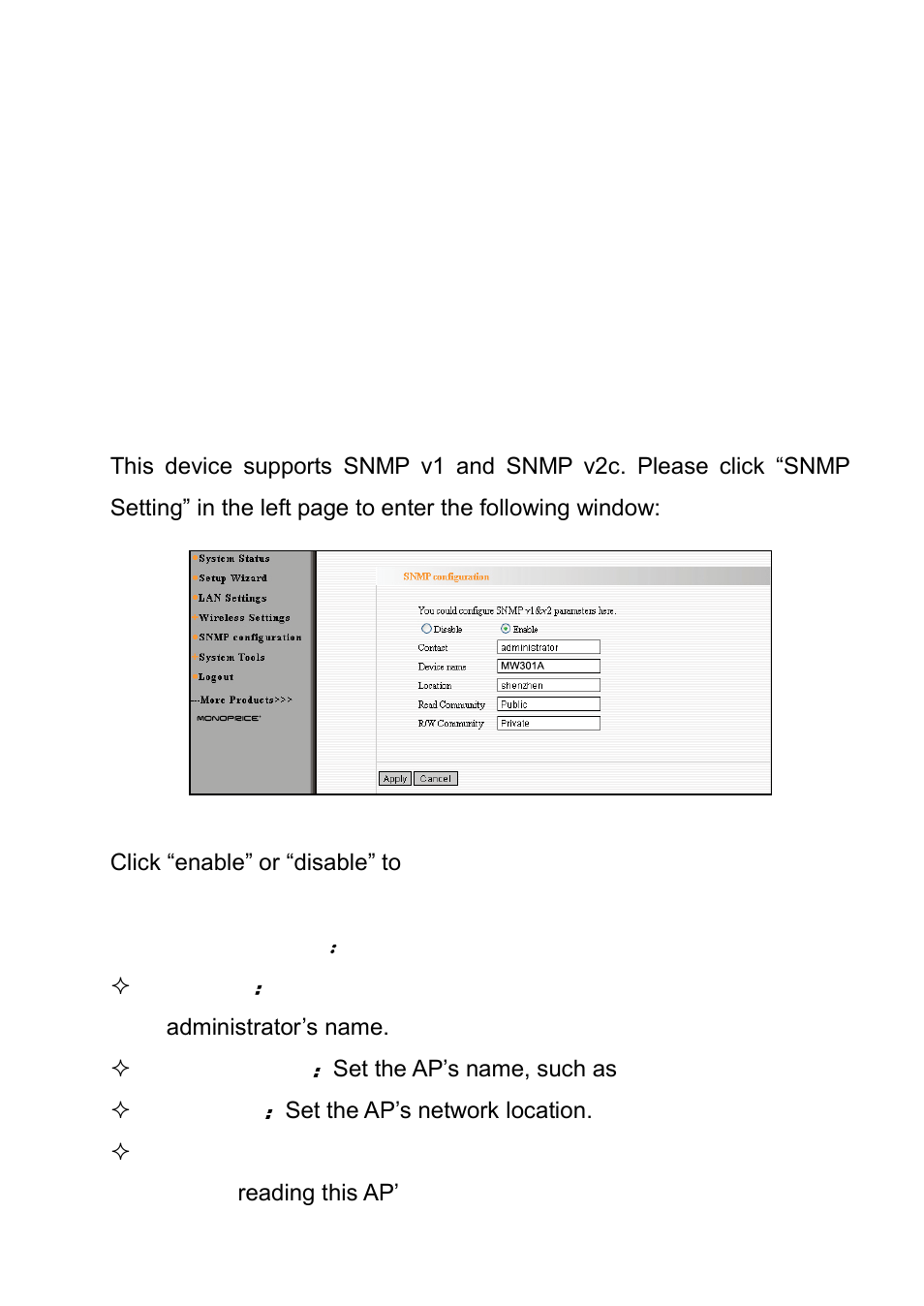 2 snmp setting | Monoprice 8744 PoE Wireless Access Point User Manual | Page 33 / 45