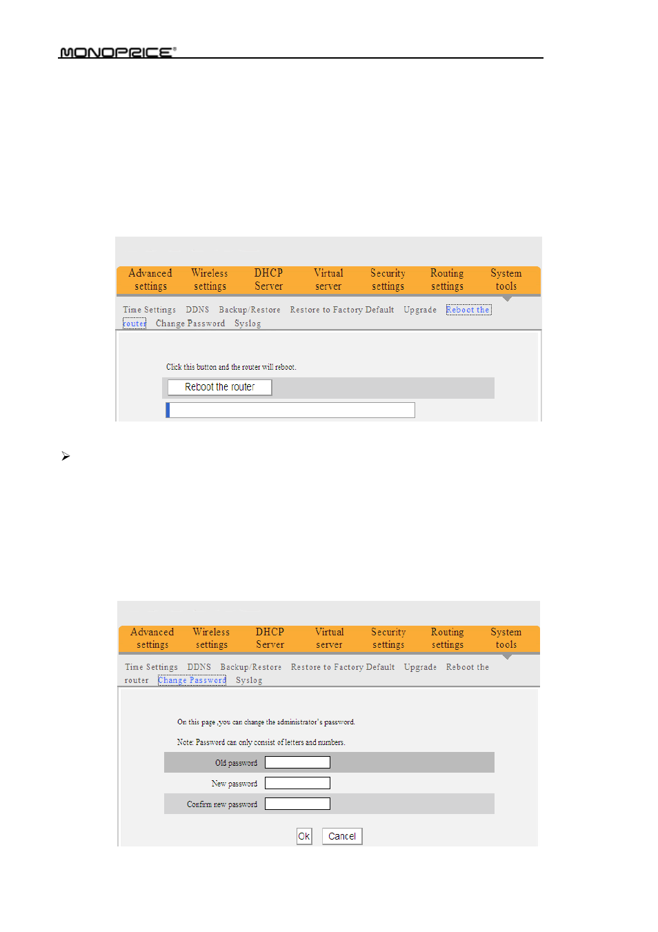 6 reboot the router, 7 password change | Monoprice PID 8742 Wireless 802 11N Router with Internal Antenna and WPS Function 2T2R MIMO 300Mbps User Manual | Page 66 / 74