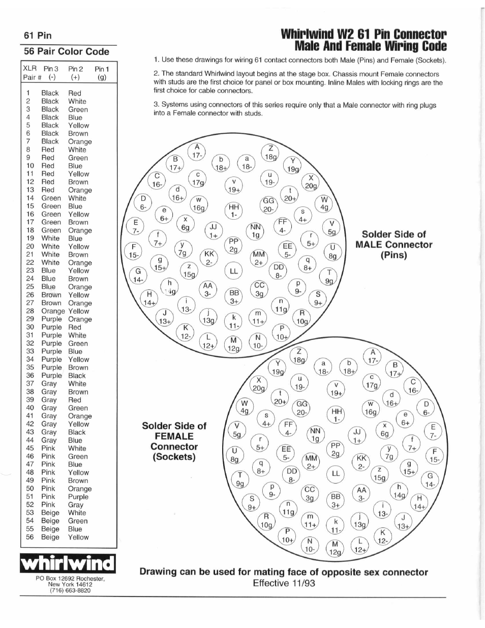 Vfhirlwind, 61 pin 56 pair color code, Solder side of male connector (pins) | Whirlwind W2 61 User Manual | Page 2 / 2