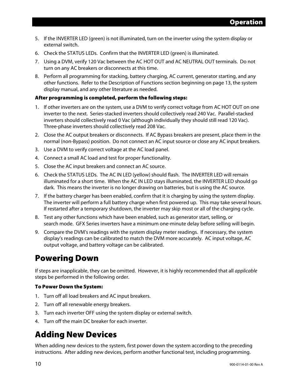 Powering down, Adding new devices, Operation | Outback Power Systems GFX Series Inverter/Charger Operators Manual User Manual | Page 12 / 64