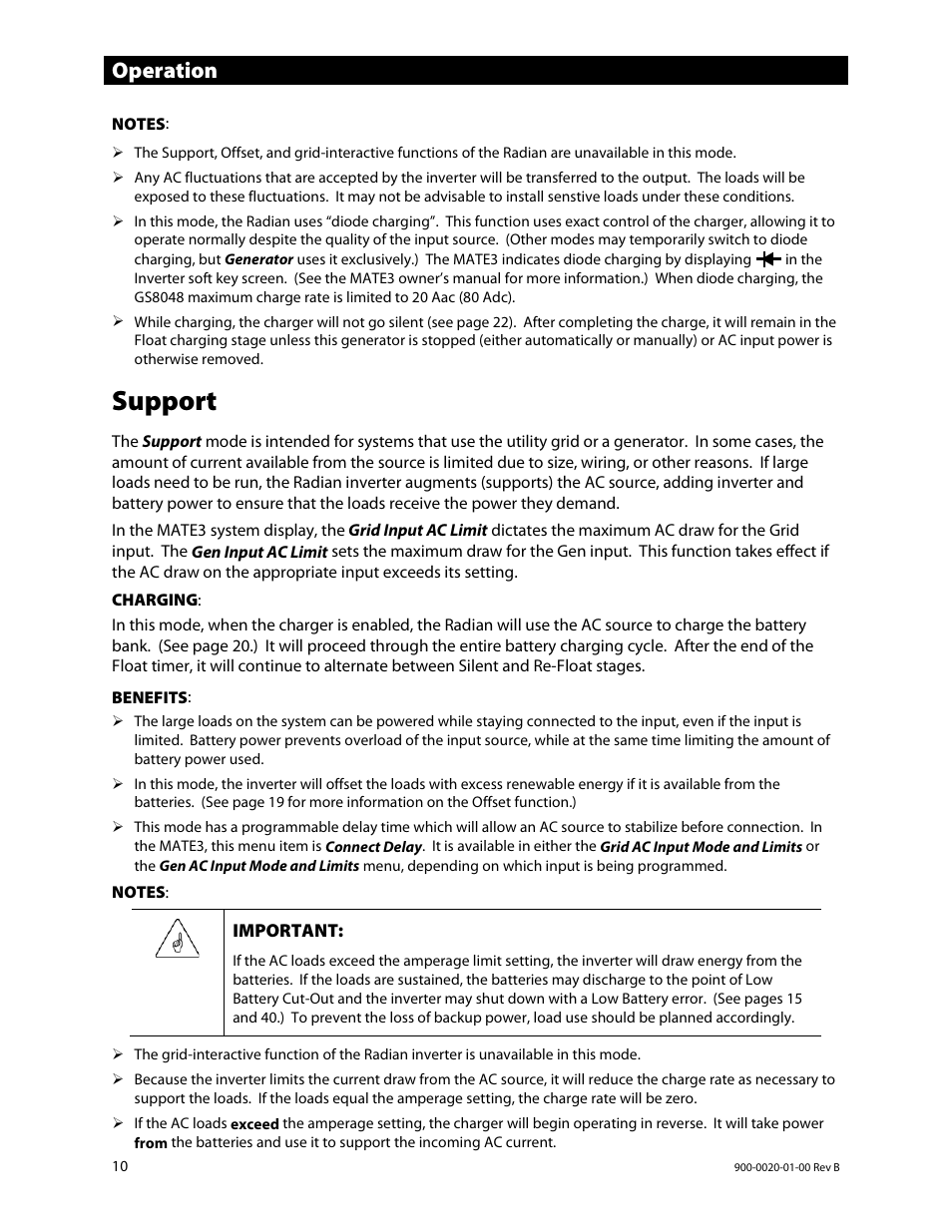 Support, Operation | Outback Power Systems GS8048 Operator Manual User Manual | Page 12 / 60