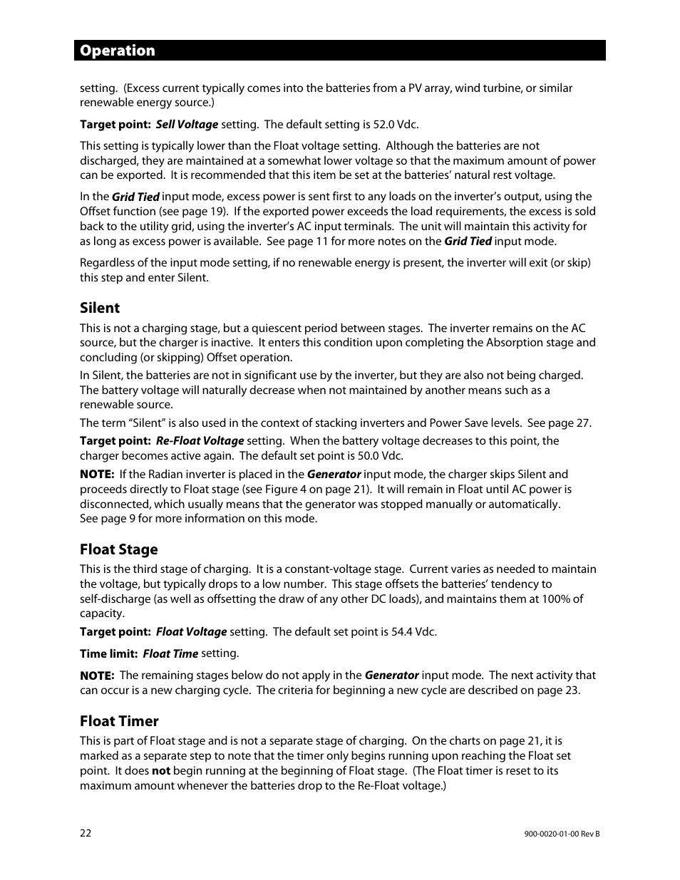 Silent, Float stage, Float timer | E 22), E 22), o, Operation | Outback Power Systems GS8048 Operator Manual User Manual | Page 24 / 60