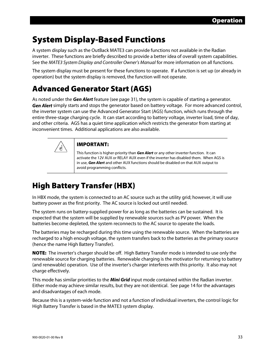 System display-based functions, Advanced generator start (ags), High battery transfer (hbx) | E 33 a, Ge 33, E 33), Operation | Outback Power Systems GS8048 Operator Manual User Manual | Page 35 / 60