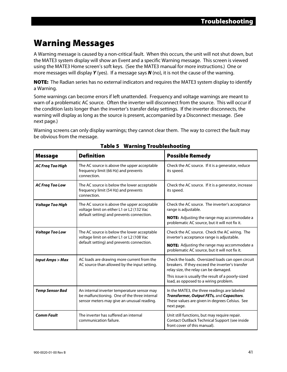 Warning messages, E 41, 41) b | Troubleshooting | Outback Power Systems GS8048 Operator Manual User Manual | Page 43 / 60