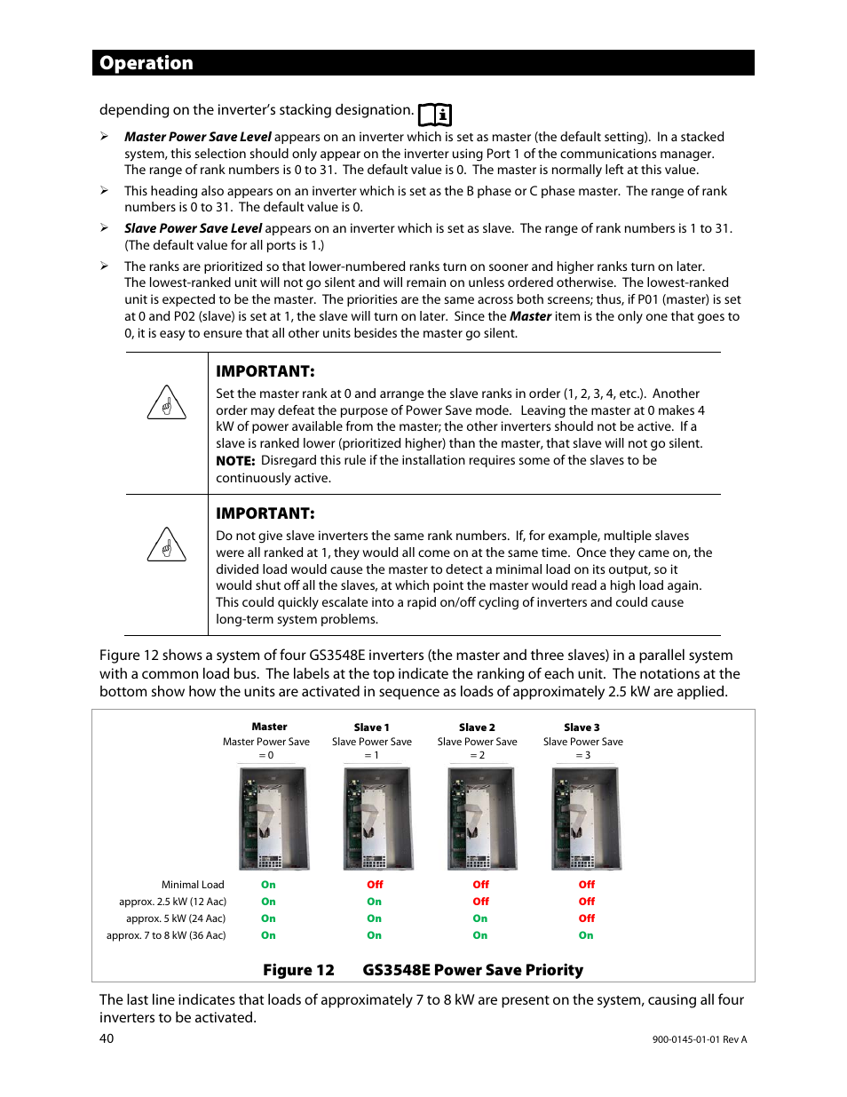 Ee figure 12, Operation, Important | Outback Power Systems GS3548E Operators Manual User Manual | Page 42 / 76