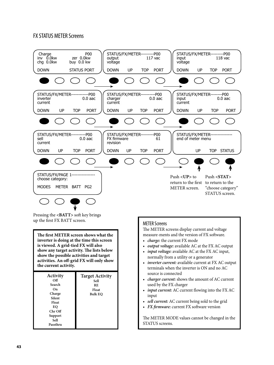 Fx status meter screens, Meter screens | Outback Power Systems MATE2 System Controller and Display Installation and User Manual User Manual | Page 43 / 132