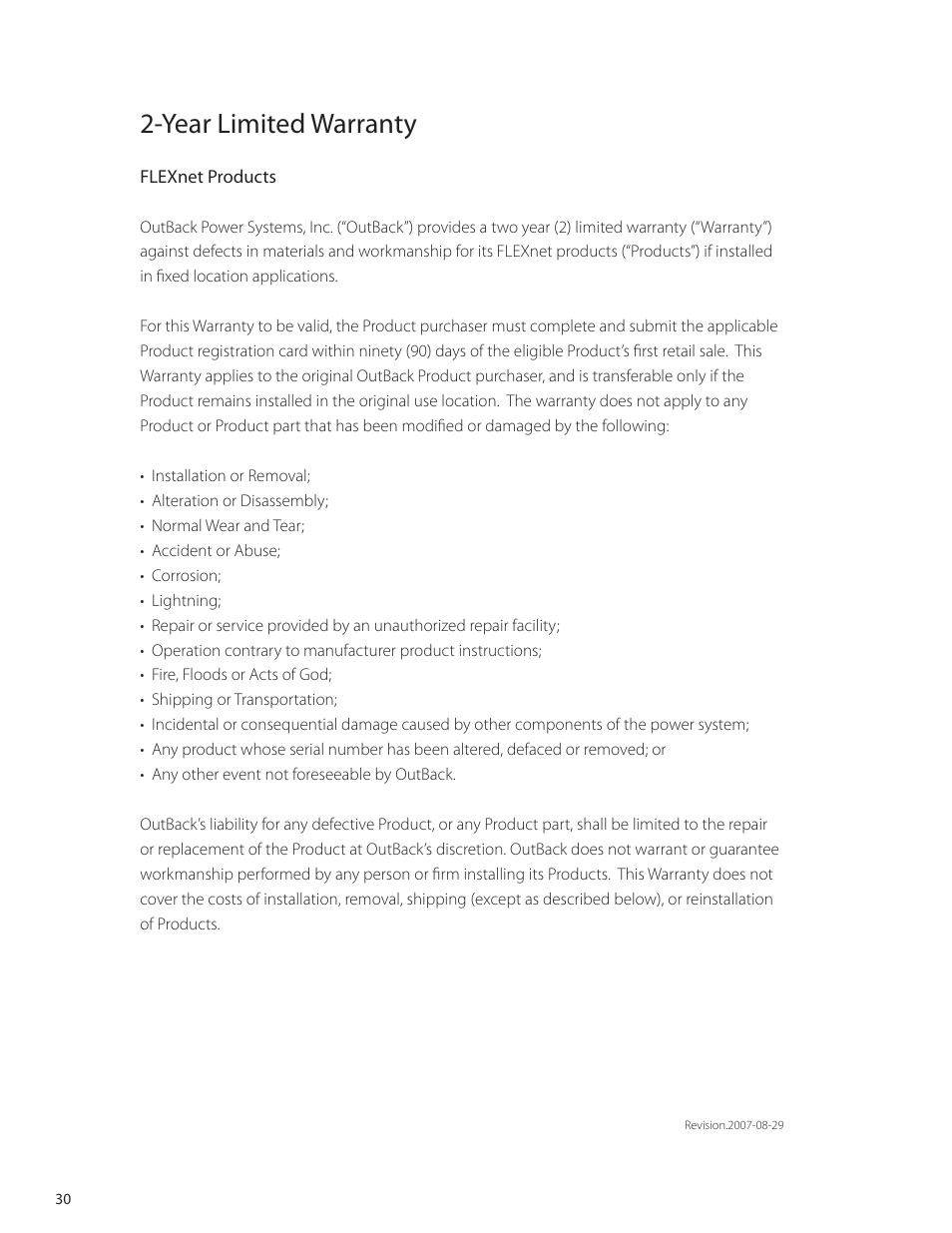 Year limited warranty | Outback Power Systems FLEXnet DC Users Guide User Manual | Page 31 / 34