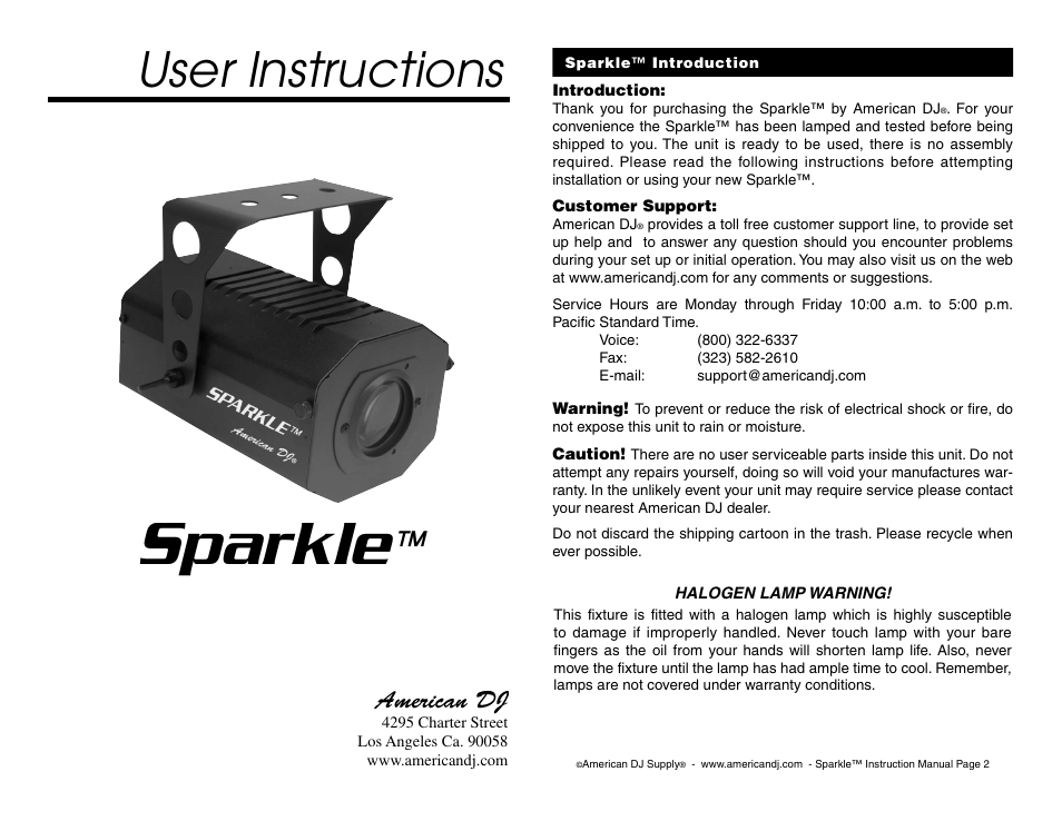 American DJ Sparkle User Manual | 2 pages