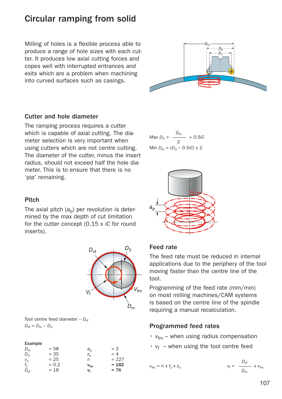 Circular ramping from solid, Cutter and hole diameter, Programmed feed rates | Feed rate, Pitch, When using radius compensation • v, When using the tool centre feed, The axial pitch ( a | Sandvik Coromant Heat resistant super alloys User Manual | Page 109 / 132