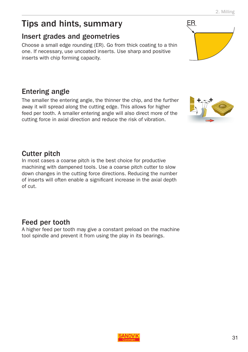 Tips and hints, summary, Insert grades and geometries, Entering angle | Cutter pitch, Feed per tooth | Sandvik Coromant Silent tools - application guide User Manual | Page 33 / 100
