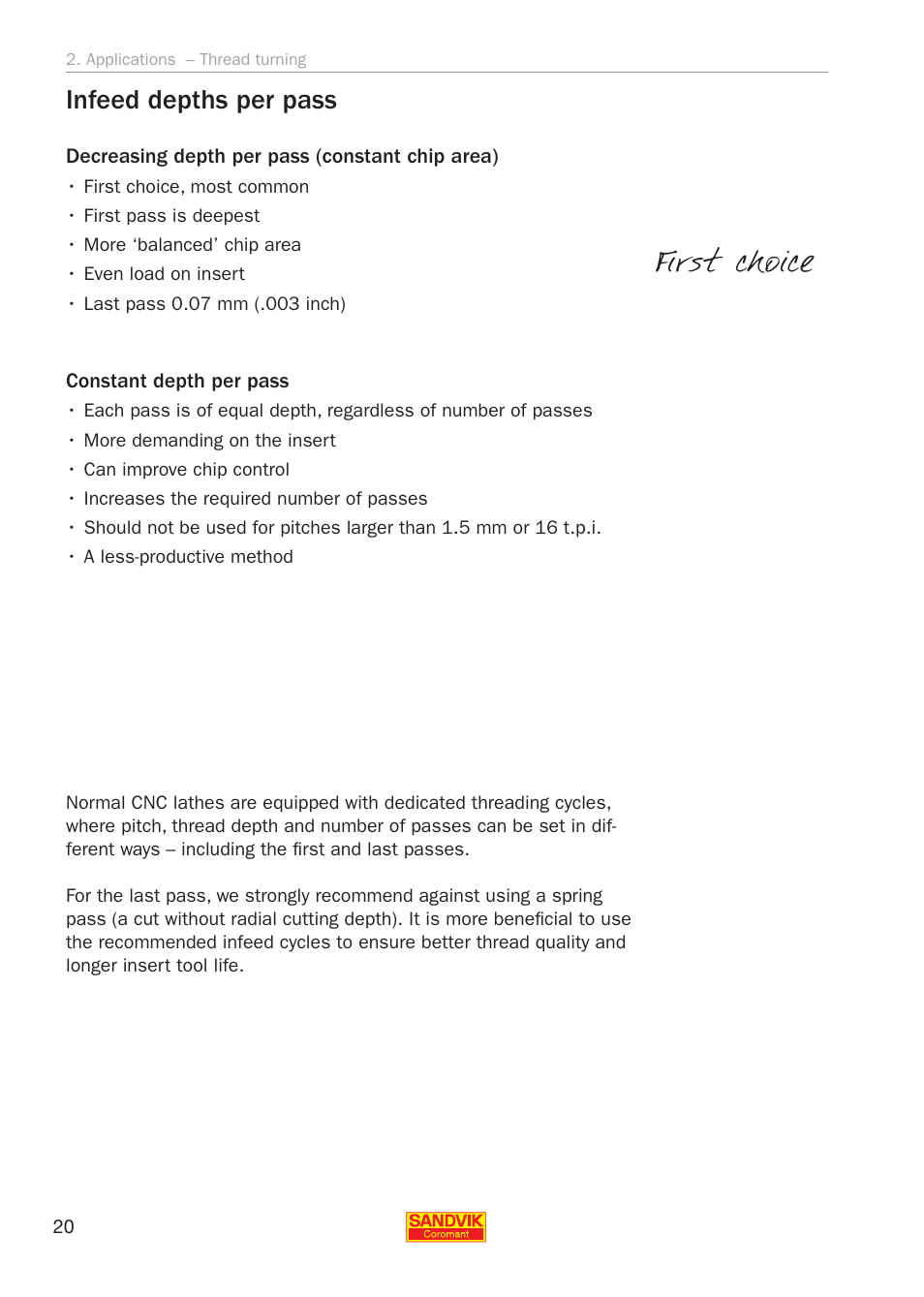 First choice, Infeed depths per pass | Sandvik Coromant Threading User Manual | Page 20 / 118