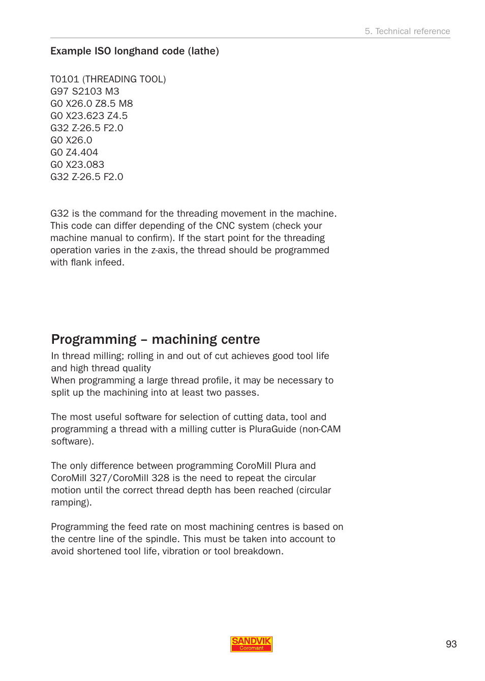 Programming – machining centre | Sandvik Coromant Threading User Manual | Page 93 / 118