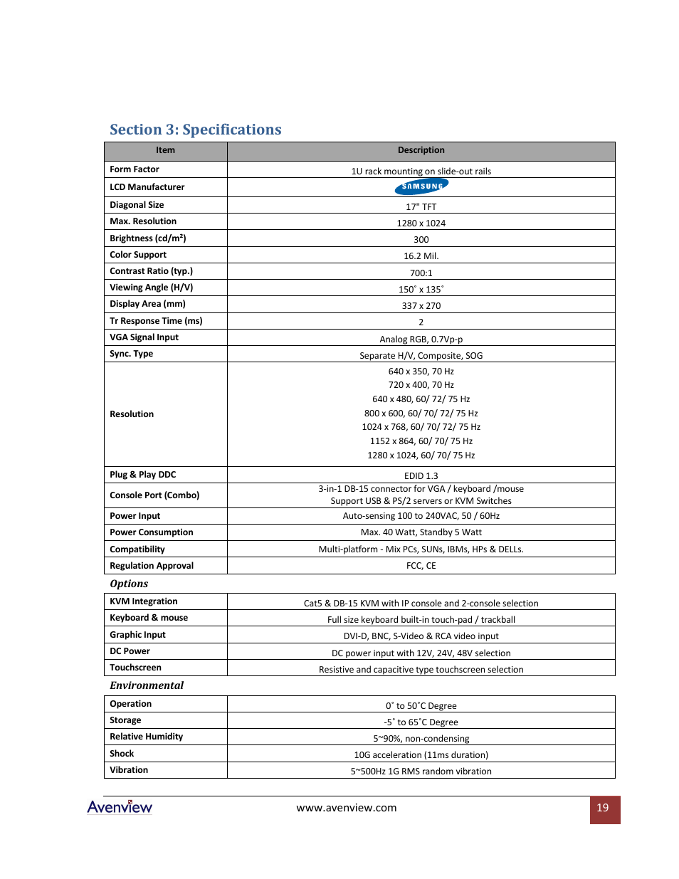 Section 3: specifications | Avenview RKVM-17-Dslide User Manual | Page 19 / 25