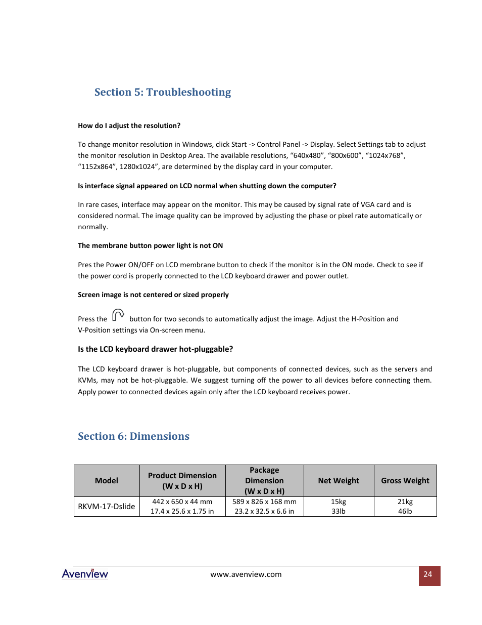 Section 5: troubleshooting, Section 6: dimensions | Avenview RKVM-17-Dslide User Manual | Page 24 / 25