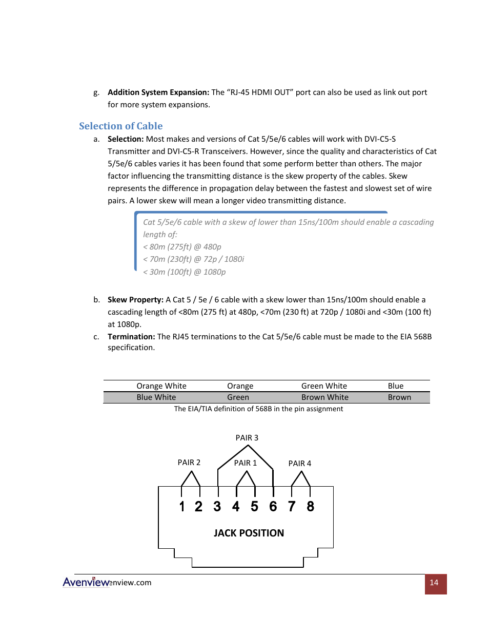 Selection of cable, Jack position | Avenview HDMI-C5-8 User Manual | Page 14 / 18