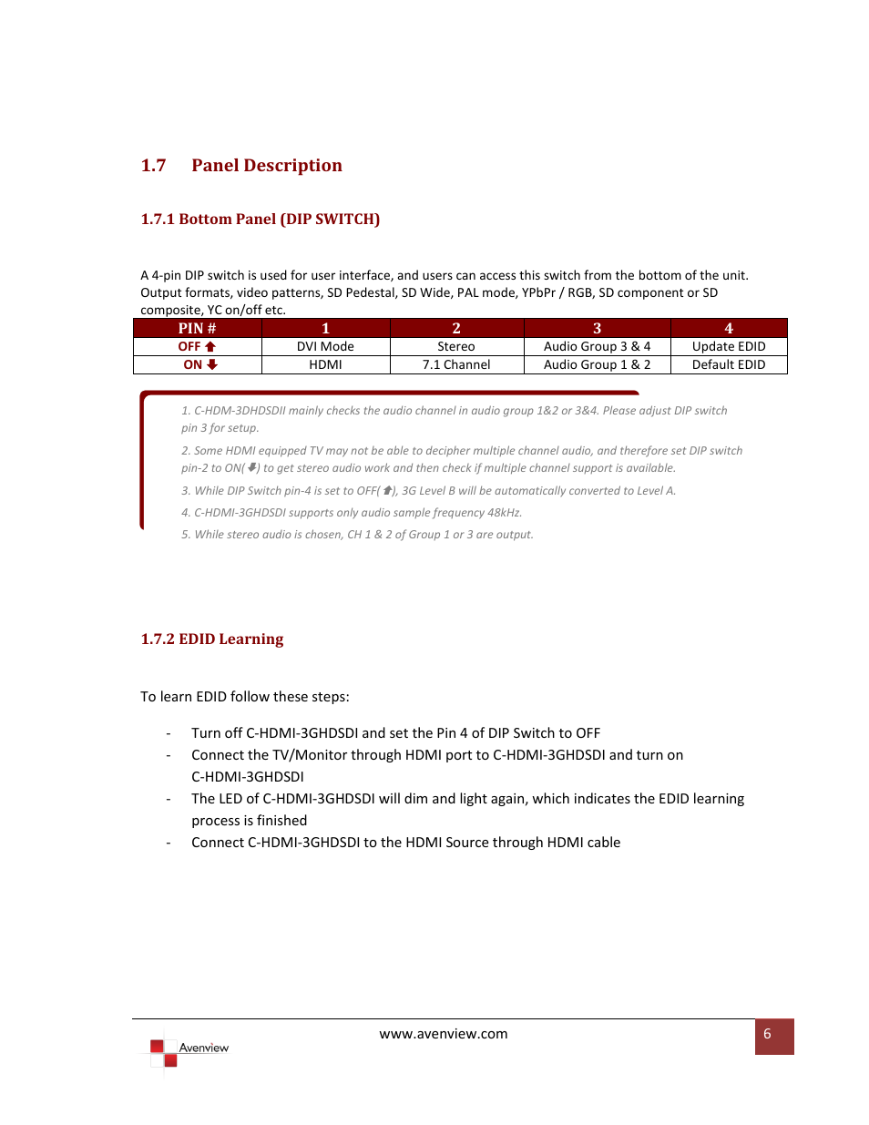 Panel description, 1 bottom panel (dip switch), 2 edid learning | 7 panel description | Avenview HDMI 3G/HD/SD-SDI User Manual | Page 6 / 9