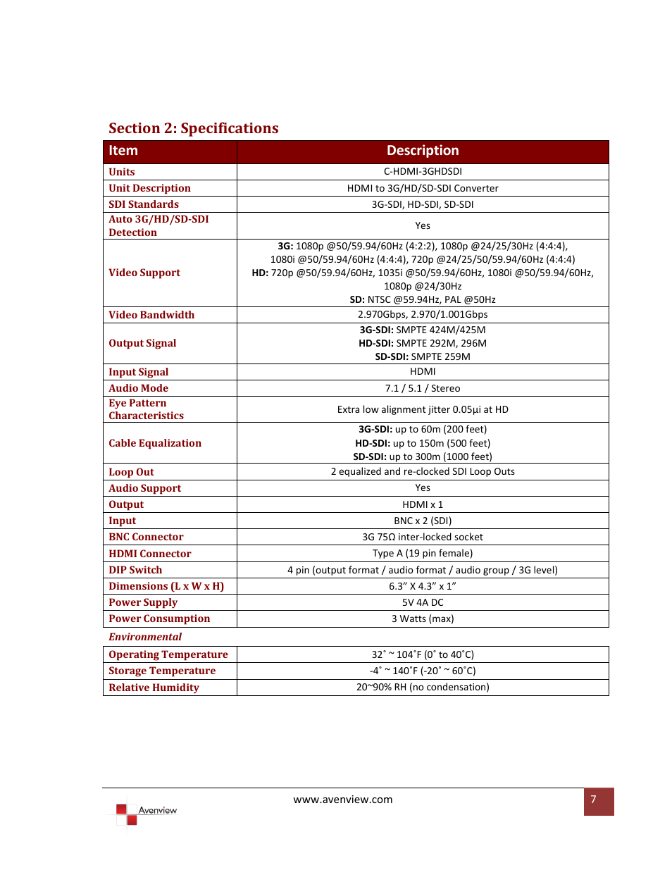 Section 2: specifications | Avenview HDMI 3G/HD/SD-SDI User Manual | Page 7 / 9