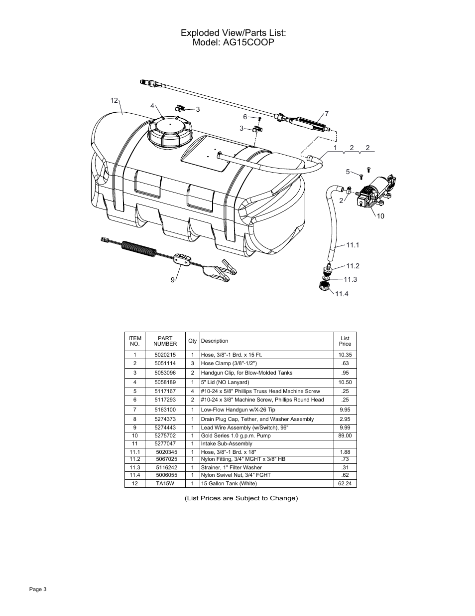 Sheet3, Drawing view9, Exploded view/parts list: model: ag15coop | Ag Spray Equipment AG15COOP User Manual | Page 3 / 3