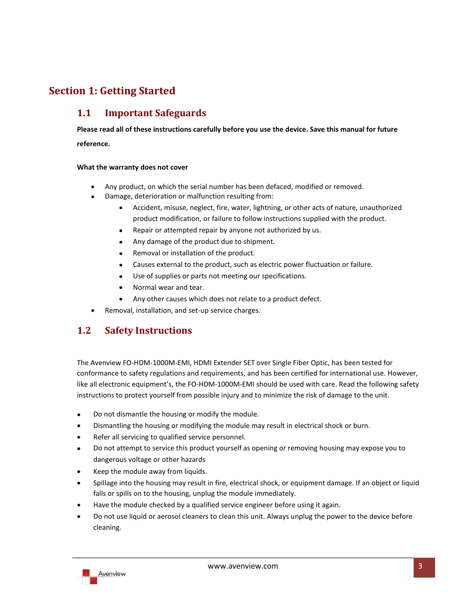 Section 1: getting started, Important safeguards, Safety instructions | 1 important safeguards, 2 safety instructions | Avenview FO-HDM-1000M-EMI User Manual | Page 3 / 10