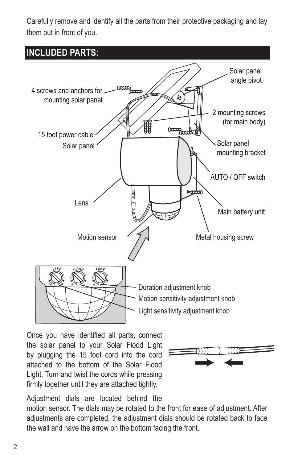 Included parts | Maxsa Innovations Solar-Powered Aluminum 80 LED Solar Security Light User Manual | Page 2 / 8