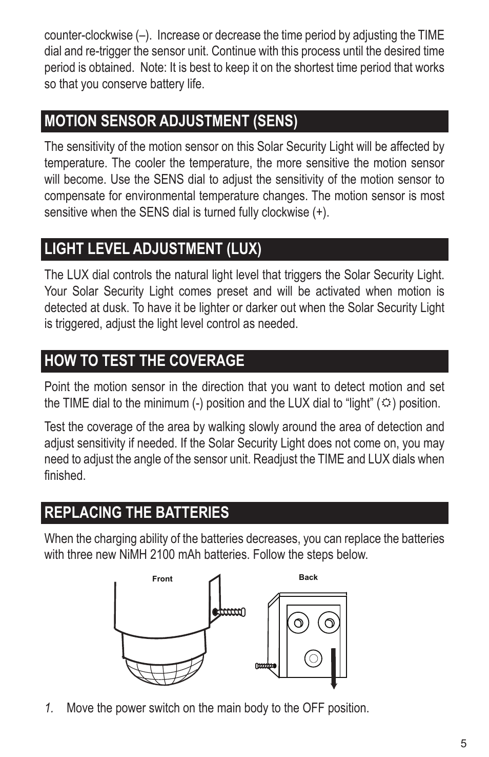 Motion sensor adjustment (sens), Light level adjustment (lux), How to test the coverage | Replacing the batteries | Maxsa Innovations Solar-Powered Aluminum 80 LED Solar Security Light User Manual | Page 5 / 8