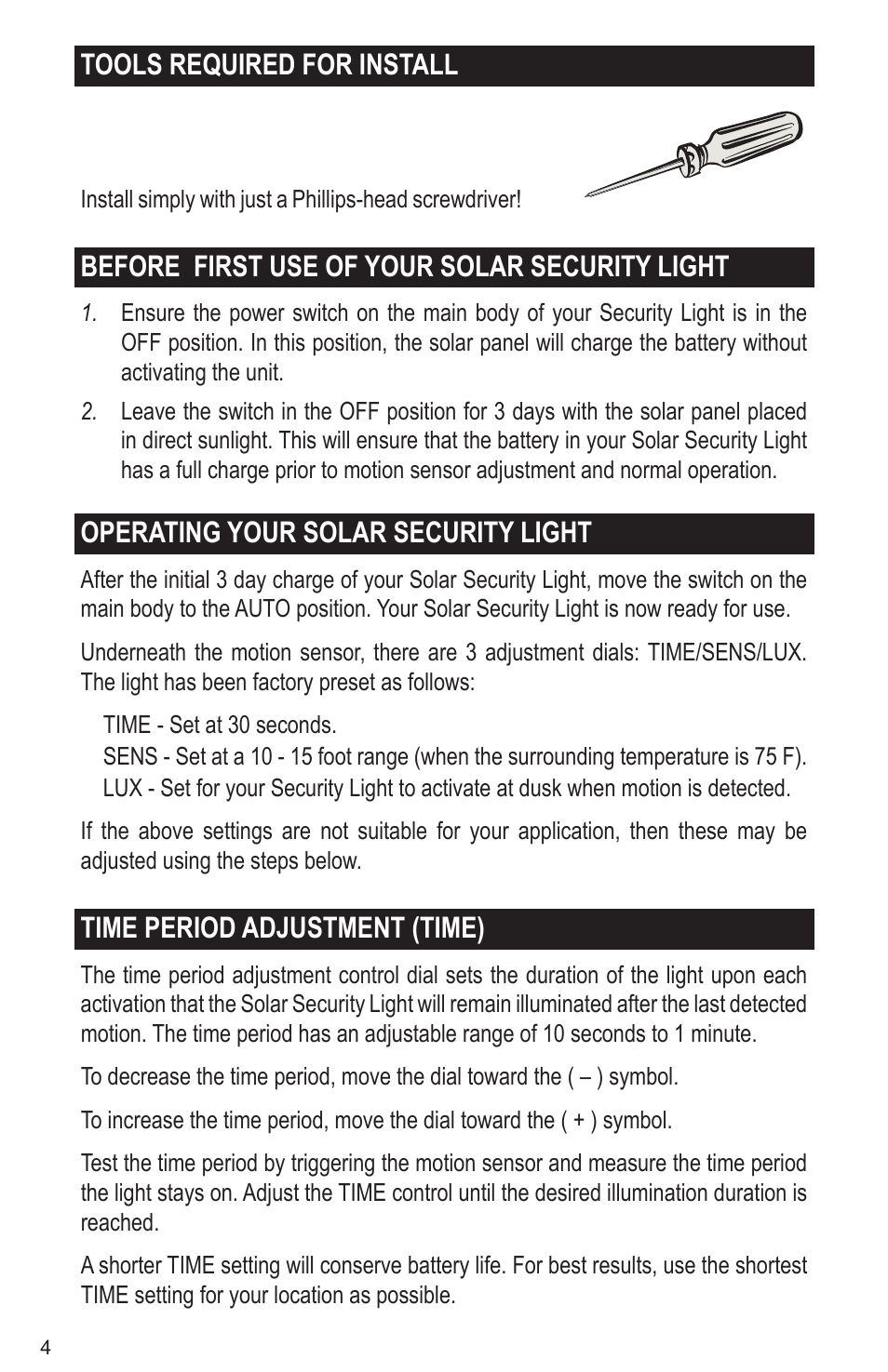 Tools required for install, Before first use of your solar security light, Operating your solar security light | Time period adjustment (time) | Maxsa Innovations Solar-Powered Motion-Activated 80 LED Security Floodlight User Manual | Page 4 / 8