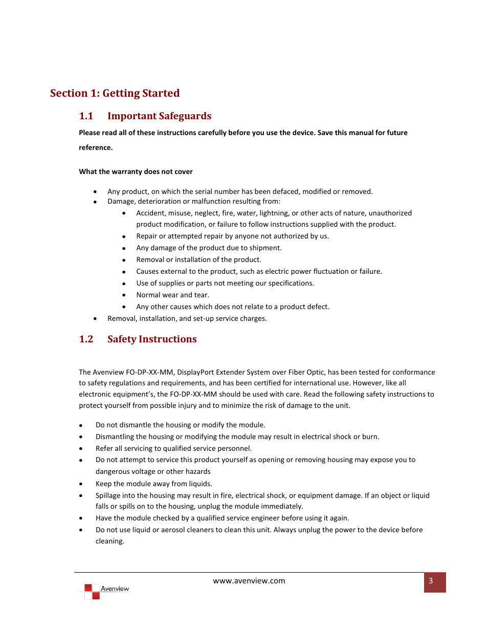 Section 1: getting started, Important safeguards, Safety instructions | 1 important safeguards, 2 safety instructions | Avenview FO-DP-XX-MM User Manual | Page 3 / 11