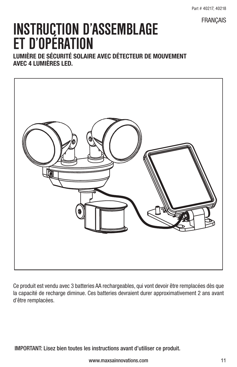 Instruction d’assemblage et d’opération | Maxsa Innovations Solar-Powered Dual Head LED Security Spotlight User Manual | Page 11 / 16