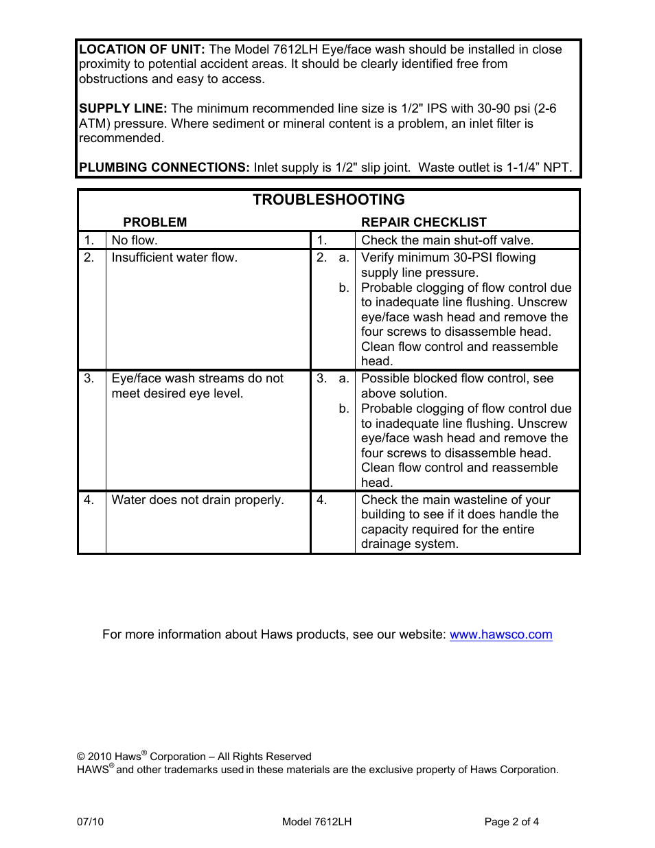 Troubleshooting | Haws 7612LH User Manual | Page 2 / 4