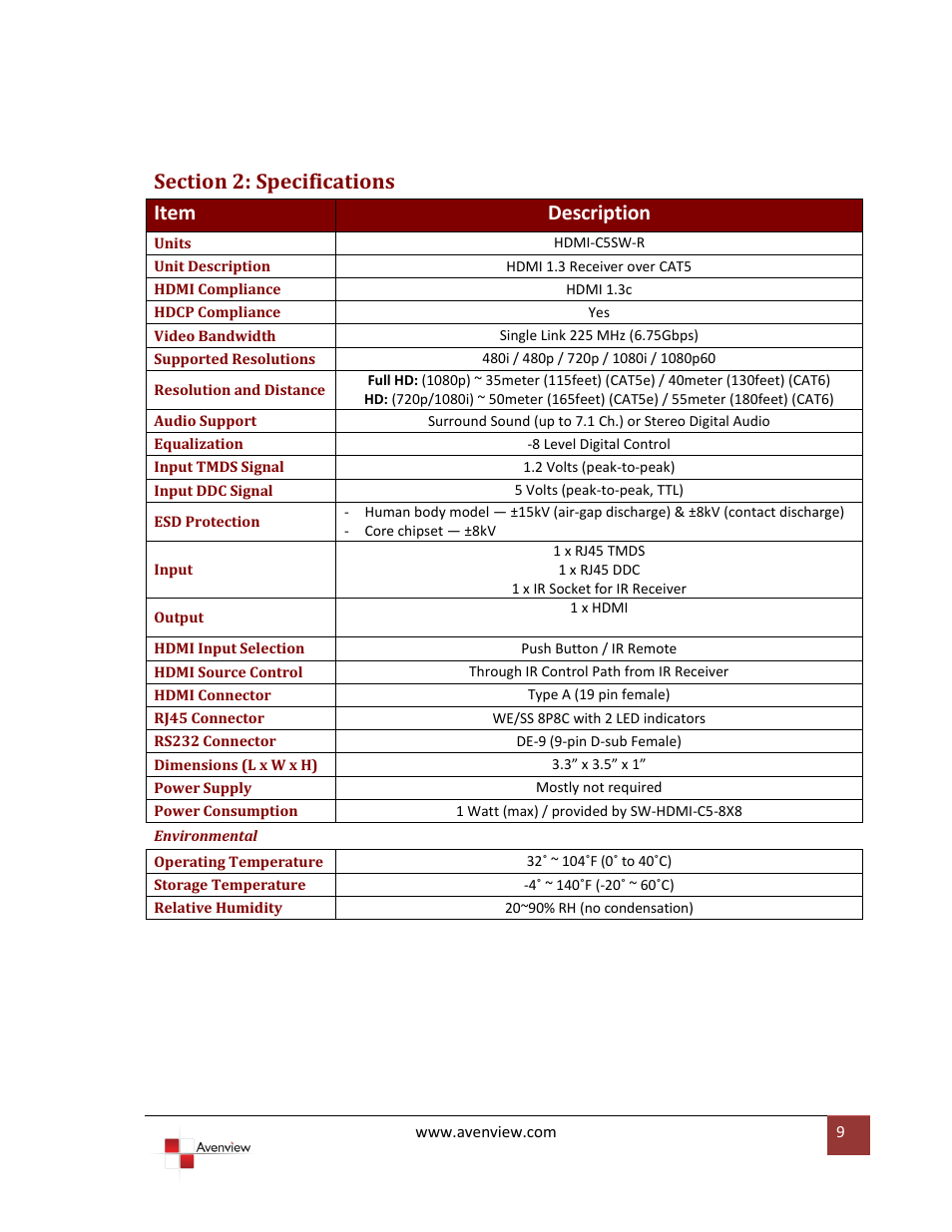 Section 2: specifications | Avenview HDMI-C5SW-R User Manual | Page 9 / 11