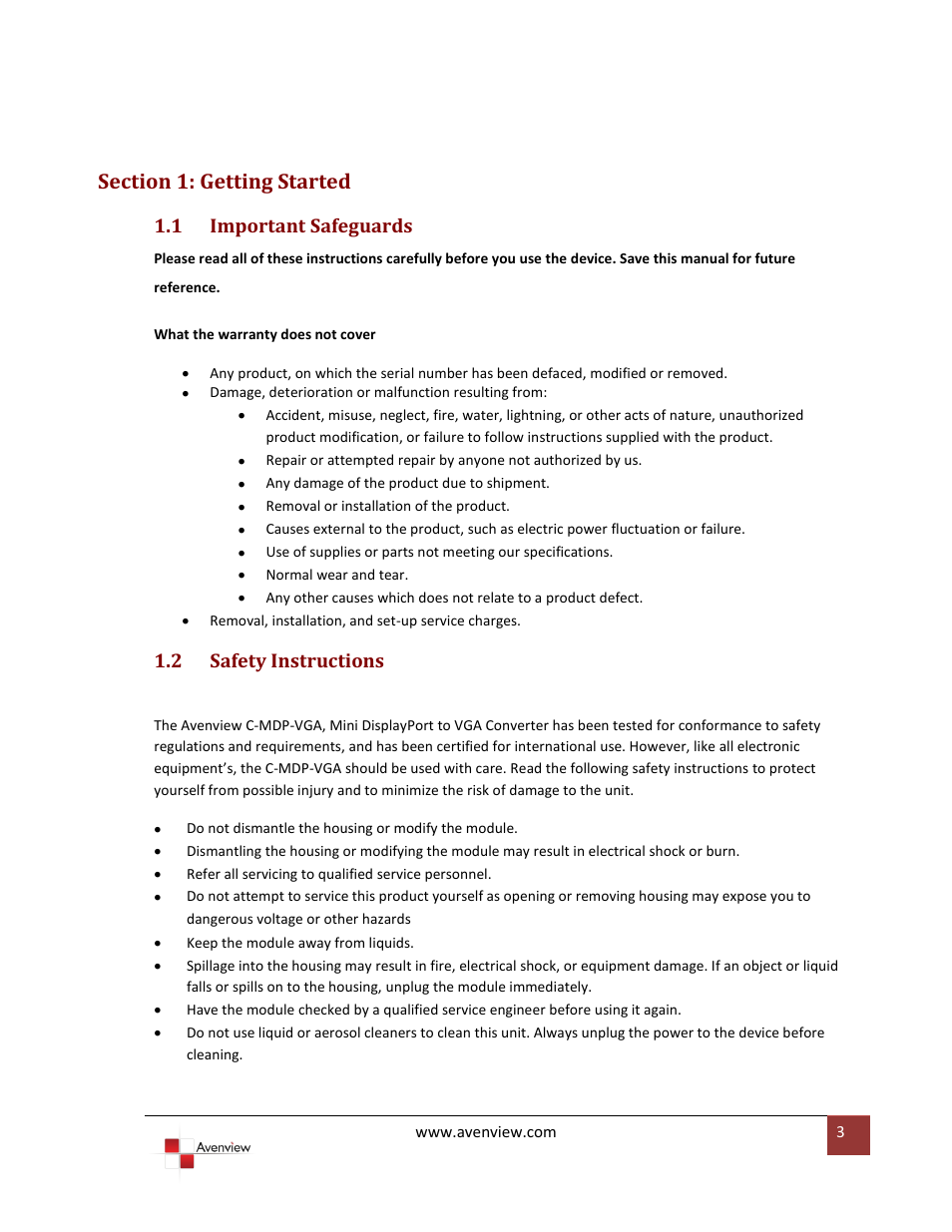 Section 1: getting started, Important safeguards, Safety instructions | 1 important safeguards, 2 safety instructions | Avenview C-MDP-VGA User Manual | Page 3 / 7