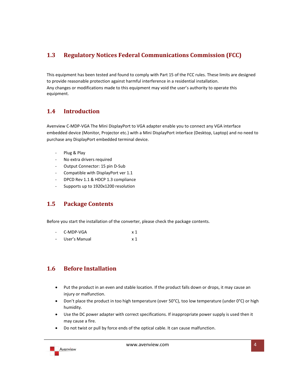 Introduction, Package contents, Before installation | 4 introduction, 5 package contents, 6 before installation | Avenview C-MDP-VGA User Manual | Page 4 / 7