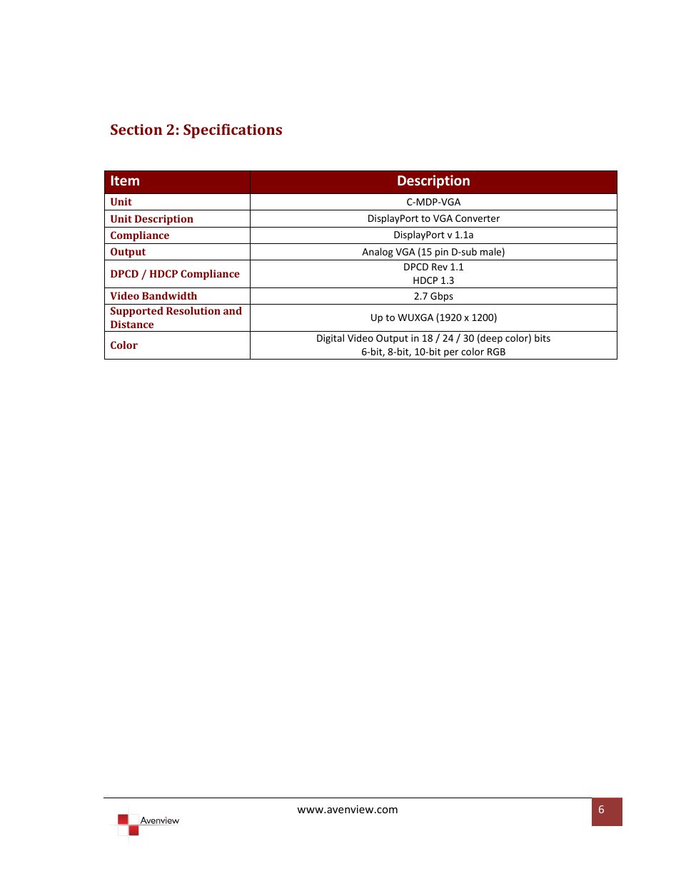 Section 2: specifications, Item description | Avenview C-MDP-VGA User Manual | Page 6 / 7